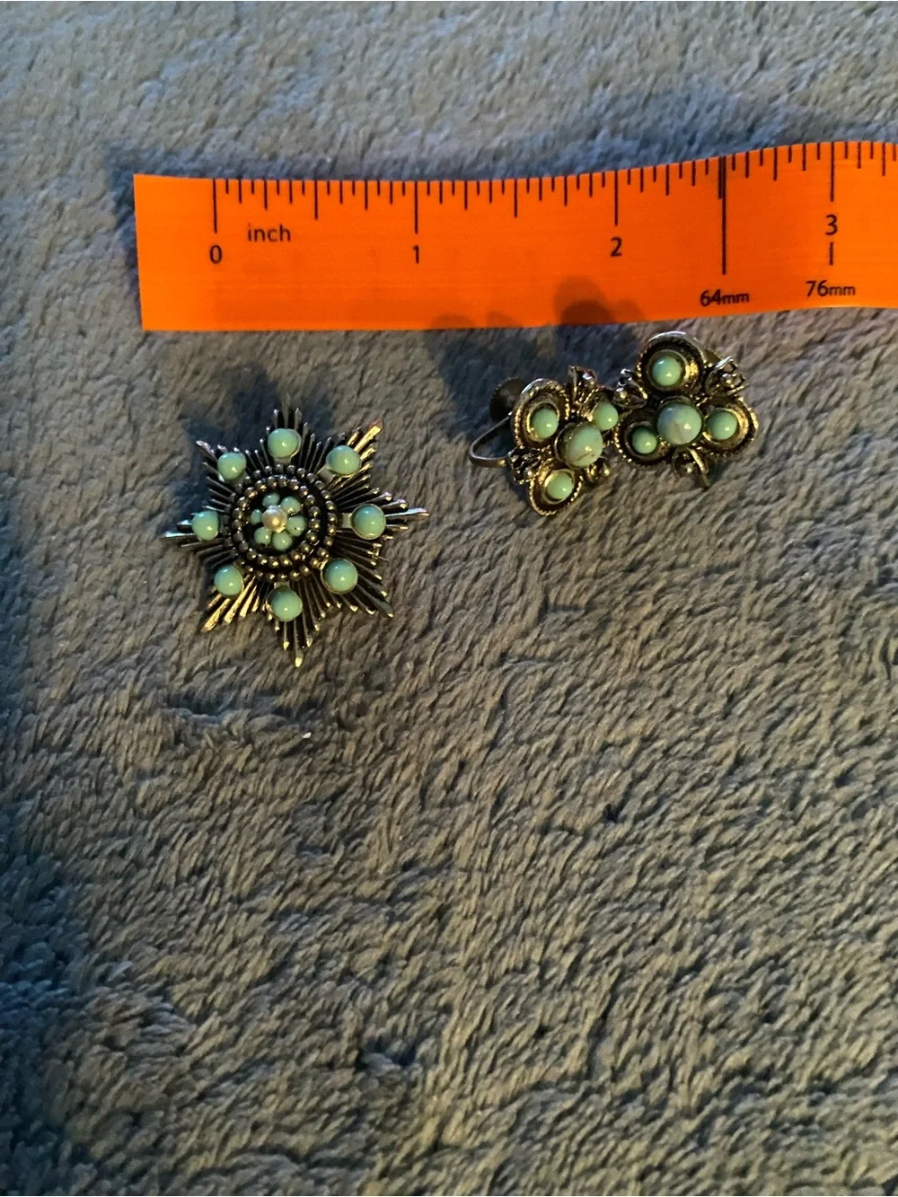 Vintage Turquoise Floral Star Brooch and Clip Earrings Set